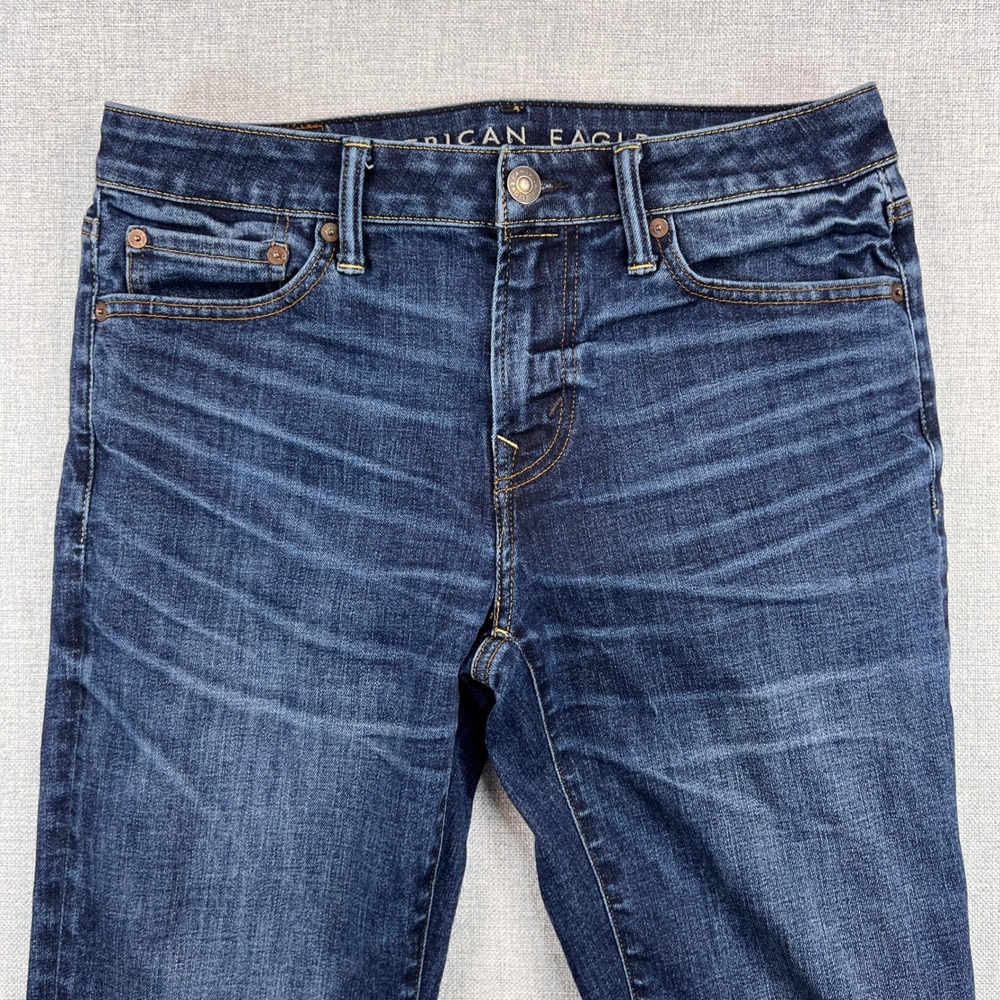 American Eagle Original Bootcut Next Level Flex Jeans Men 32x35 Blue Whiskering